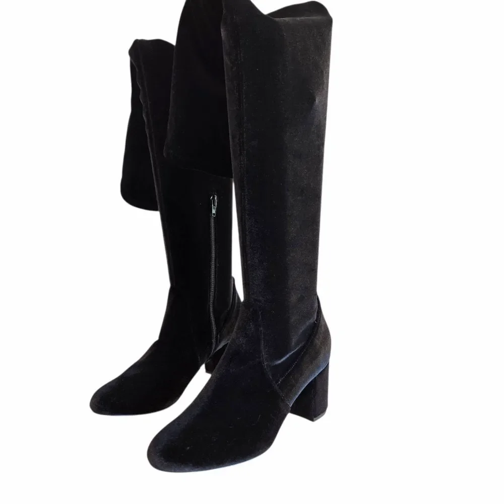 INC International Concepts Over the Knee Velvet Black Boots Block Heel 6